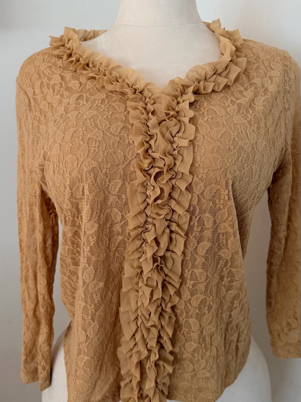 TeeCo Floral Lace Ruffle Blouse L Sheer Romantic Boho Y2K Whimsygoth Fairy